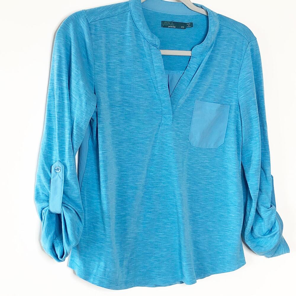 Prana Top XS Blue V- Neck Tab Sleeve Pocket Front Soft